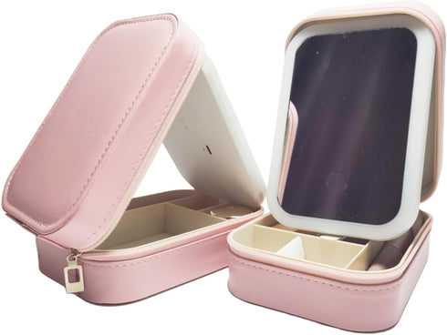 Travel Makeup Bag With Led Mirror,Small Makeup Organizer With Light,Pink Beautifect Box Portable Makeup Bag Make Up Case, Gift For Girl&Lady (Pink...