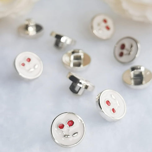 10 Pieces Resin Buttons Silvery Round Shape Enamel White Crystal Button Embed Red Cherry Pattern for Jewelry Making Wedding Bouquet Decorations (1...
