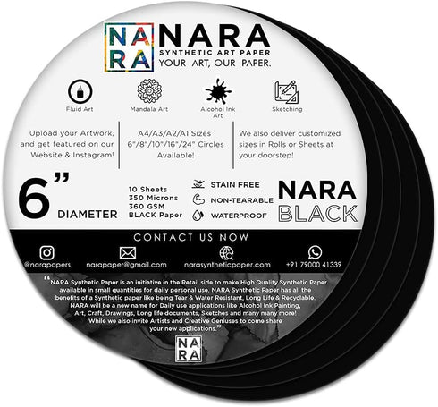 NARA Alcohol Ink Paper | Black | 6” Diameter Circle | 350 microns/360 GSM | 10 Sheets | Medium+ Paper | Paper for Alcohol Ink Art Painting | 100% ...