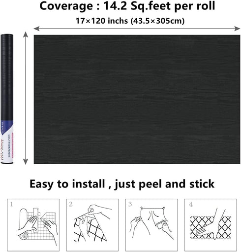 Arthome Black Wood Contact Paper Peel and Stick Self-Adhesive Wallpaper,Decorative Vinyl Film for Countertop Cabinets Furniture Surface and Wall C...