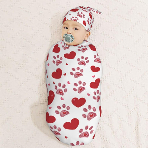 Love Hearts Dog Paw Print Newborn Swaddle Blankets Hat Sets Soft Baby Receiving Blanket Swaddle Sack for Baby Shower Infant Boy Girl Gift...