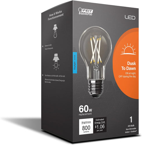 Feit Electric LED Built-in Dusk to Dawn Sensor Intellibulb - Clear Filament A19 with an E26 Medium Base Light Bulb - 60W equivalent - 15 Year Life...