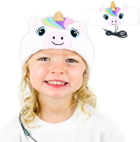 CozyPhones Over The Ear Headband Headphones - Kids Headphones Volume Limited with Thin Speakers & Super Soft Stretchy Headband - White Unicorn...