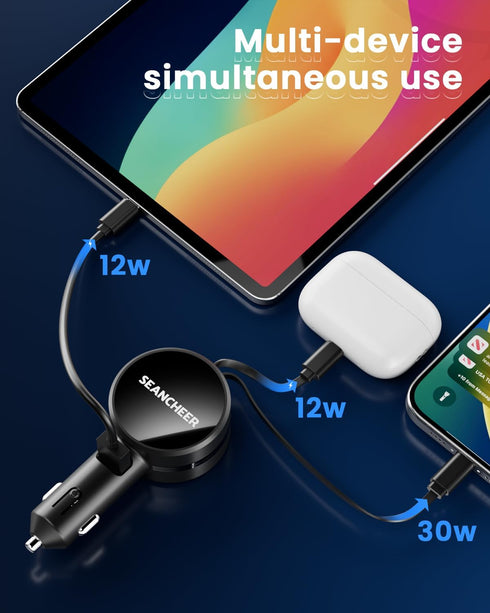 Retractable Car Charger for iPhone and Android Fast Charging, Car Charger with Retractable Cords(2.6Ft), USB-C Ports,Compatible with iphone15/ Pro...