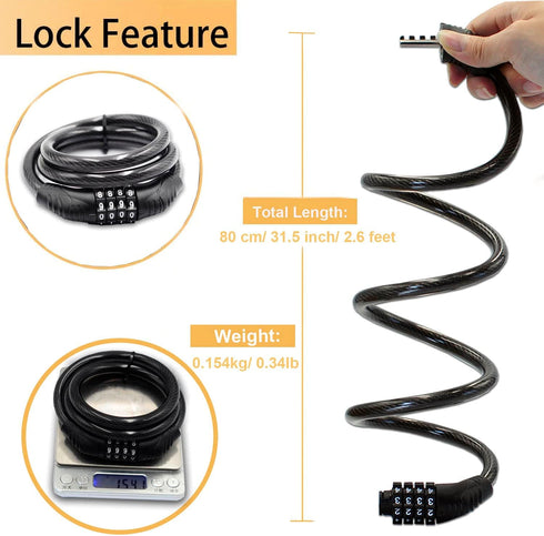 Combination Bike Cable Lock - 4 Digit, 32 inch Long Coiled Security Resettable Cable Lock, Anti-Theft Accessories for Mountain Bike, Road Bike, El...