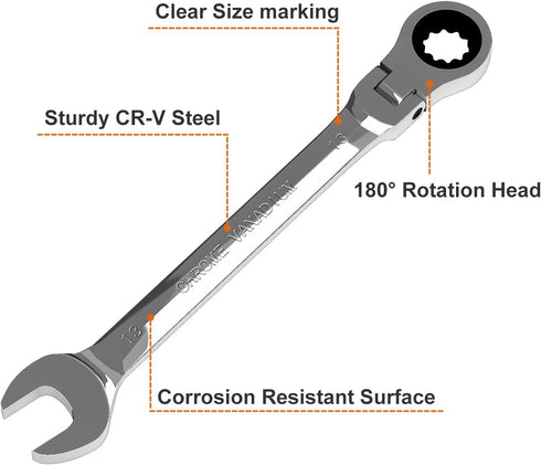 Egofine 13mm Ratchet Wrench Flex Head, Ratcheting Combination Wrench Metric, Industrial Grade Gear Spanner with 12 Point Box End, 72-Teeth Ratchet...