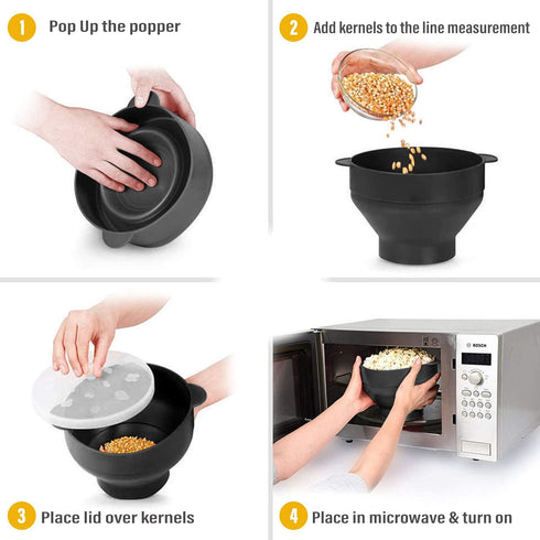 Microwave Popcorn Popper, BESUNTEK Collapsible Silicone Popcorn Maker Microwavable Bowl with Handles, BPA Free and Dishwasher Safe (Black)...