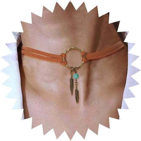 Layering Leather Choker Necklace Indian Feather Leather Choker Coller Necklace Doudal Layer Velvet Choker Necklace Boho Circle Necklace Jewelry fo...