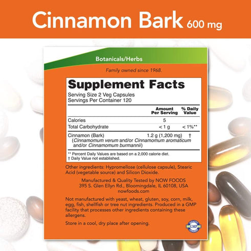 NOW Supplements, Cinnamon Bark 600 mg, Non-GMO Project Verified, Healthy Glucose Metabolism*, 240 Veg Capsules...