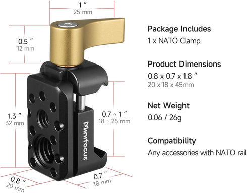 NATO Clamp, NATO Rail Lock Clamp Quick Release with 1/4" 3/8" ARRI Thread, Standard NATO Clamp for Camera Cage Friction Arm Ballhead Cold Shoe Mon...