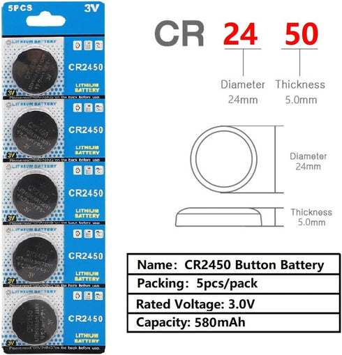 Cotchear 5pcs/Pack CR2450 Coin Battery 550mAh 3V CR 2450 Button Cell Batteries ECR2450 KCR2450 5029LC LM2450 3V Battery for Car Key Remote...