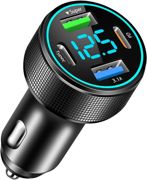 66W USB C Car Charger 4 Port Car Charger Adapter with 30W PD, 3.1A Aluminium Alloy Car Cigarette Lighter USB Charger with LED Voltmeter Compatible...