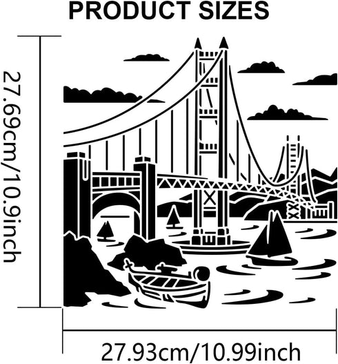 Golden Gate Bridge Stencil 11.8×11.8inch Large Bridge River Boat Stencil Reusable Cityscape Silhoutte Drawing Template with Paint Brush for Art Cr...