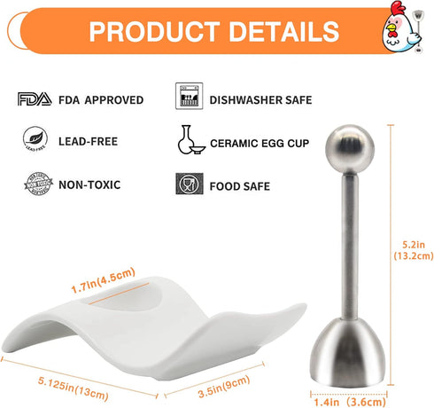 Egg Cup for Soft Boiled Eggs, Kitchenexus Egg Cups & Cracker Topper Set, 4pcs Set Ceramic Wave Egg Holder with Stainless Steel Egg Shell, Egg Stan...