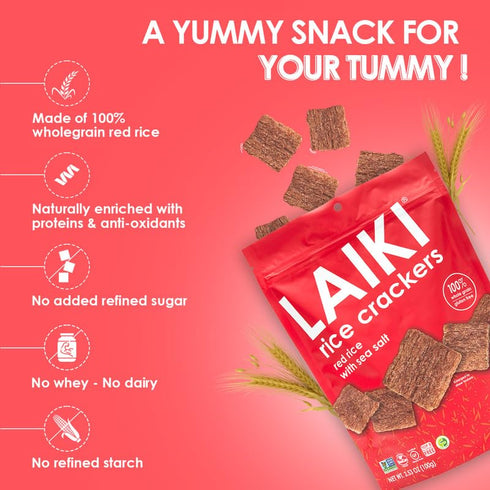 LAIKI Gluten Free Rice Crackers, Red Rice, Resealable 3.53 Ounce Bag...