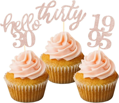24 Pcs Rose Gold Glitter 30th Birthday Cupcake Toppers for 30th Anniversary Birthday Party Wedding Party Decorations...