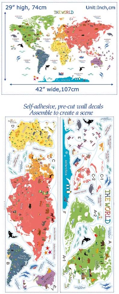 HomeEvolution Kids Educational Removable World Map Peel and Stick Large Wall Decals Stickers for Children Nursery Bedroom Living Room…...