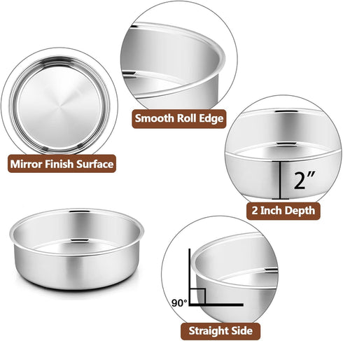P&P CHEF 6 Inch Round Cake Pan Set of 3, Stainless Steel Round Baking Layer Pans Bakeware for Layer Birthday Cake, Fit Oven/Pots/Pressure Cooker, ...