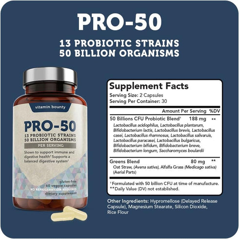 Vitamin Bounty Pro-50 Probiotic - 50 Billion Organisms and 13 Probiotic Strains That Promote Gut Health, Digestive Health Probiotic, Delayed Relea...