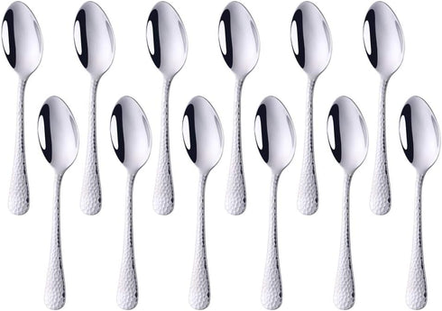 Dessert Spoon Salad Spoon 6.5-Inch Big Teaspoon BUY&USE 12 Pieces Stainless Steel Hammered Surface Silverware Set for Home Hotel Restaurant...