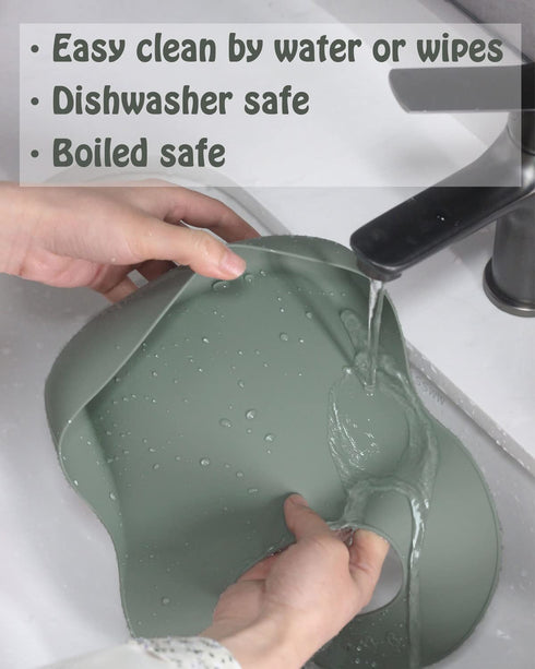 Ginbear Silicone Bibs for Babies, Waterproof Baby Feeding Bibs with Food Catcher Pocket, Adjustable Silicon Bibs for Toddlers (Dark Sage/Almond)...