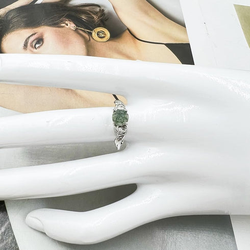 Moss Agate Ring for Women Silver Vintage Open Green Gemstone Rings for Wedding Fashion Engagement Jewelry Gifts...