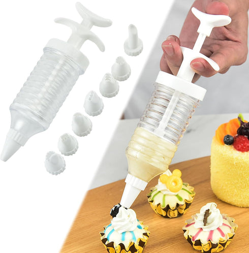 1Pc White Pipe Nozzles with Syringe?8pcs Plastic Cream Baking Piping Nozzle Dispenser Icing Pastry Tips Tube Decoration Tool, for Cupcake and Cake...