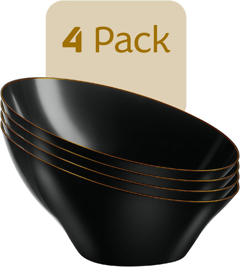PLASTICPRO Angled Plastic Bowls Disposable Medium Plastic Black Serving Bowls with Gold Rim for Party for Appetizer Salads Pack of 4...