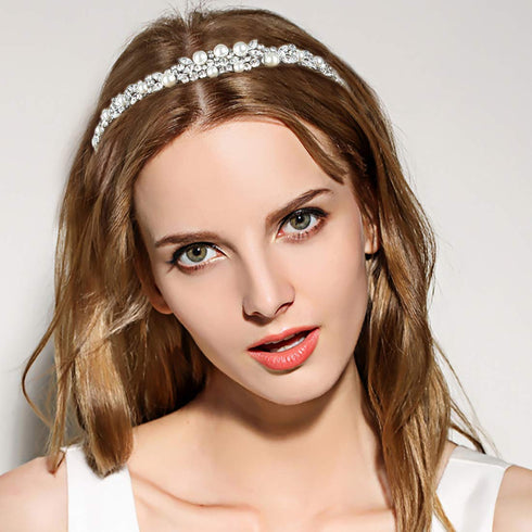 EVER FAITH Bridal Headpiece Accessory Crystal Cream Simulated Pearl Wedding Headband Clear Silver-Tone...