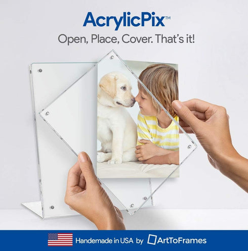 5x7 Acrylic Floating Picture Frame - Table Stand with Chrome Magnetic Front Cover to Easily Change Photos - Made in The USA...