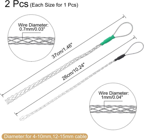 MECCANIXITY Cable Pulling Grip for 6-10mm+12-15mm Cable(Black+Green) 26/37cm,0.85/1.21FT Wire Mesh Puller Socks Grip Single Head Galvanizing Steel...