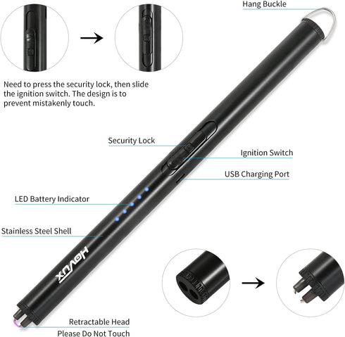 Candle lighter, HOVUX Upgraded USB Electric Lighter Arc Plasma Lighter Rechargeable with LED Battery Display, Safety Switch Windproof Hook Long Li...