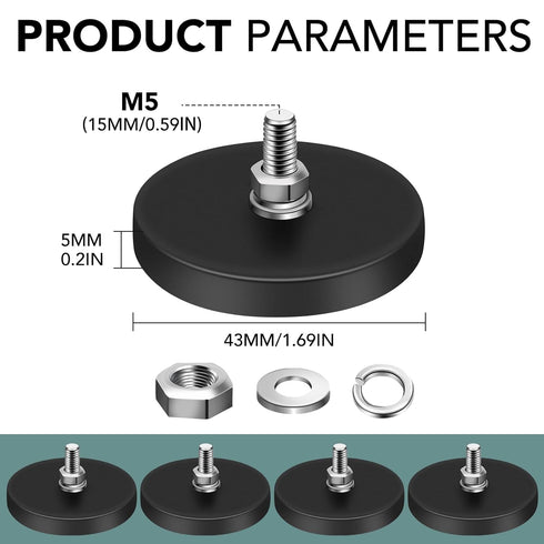 8Pack Rubber Coated Magnets, 30LBS Rubber Coated Neodymium Magnets with M6 Magnetic Assembly Base for Light Bar Mirror Camera Tool(1.69 Inch)...