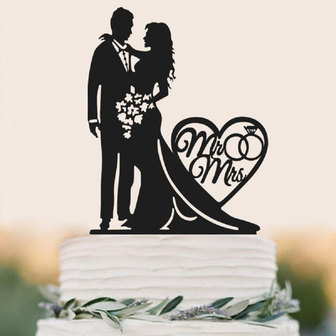 Mr And Mrs Wedding Cake Topper Heart Love Black Acrylic Couple Engagement Bridal Shower Wedding...