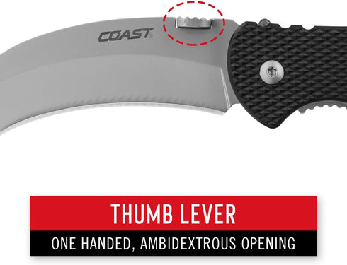 Coast - 21627 COAST DX300 Double Lock Folding Knife with 3" Hooked Stainless Steel Blade,Black...