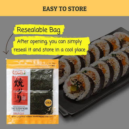 CHOI's 1(Daechun) Roasted Seaweed, GIM, Sushi Nori(100 Half Sheets)/ Resealable, Gold Grade/Product of Korea/Kimbap, Gimbap, Vegan, Keto, Gluten F...
