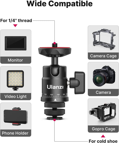 Mini Ball Head, ULANZI H28 Panoramic Tripod Head + Dual Hot Shoe Mount DSLR Camera Mount Adapter Photograph Attachment Accessories for Gopro Cam C...