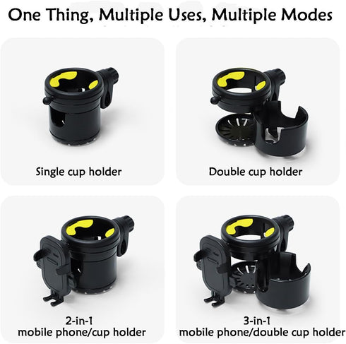 Stroller Cup Holder with Phone Holder,Bike Cup Holder,Freely Rotating and Adjustable 3-in-1 Mobile Phone/Double Bottle Holder for Stroller,Bike,Mo...