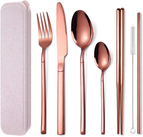 AARAINBOW 7 Pieces Stainless Steel Flatware Set Portable Reusable Cutlery Set Travel Utensils Set Including Chopsticks Knife Fork Spoon Straws Cle...