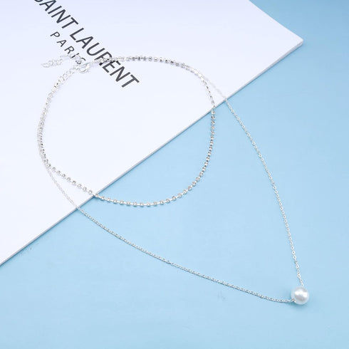 Bohemia Layered Pearl Choker Necklace Silver Cz Tennis Chain Necklace Floating Pearl Necklace Sparkly Rhinestone Clavicle Necklace Jewelry for Wom...