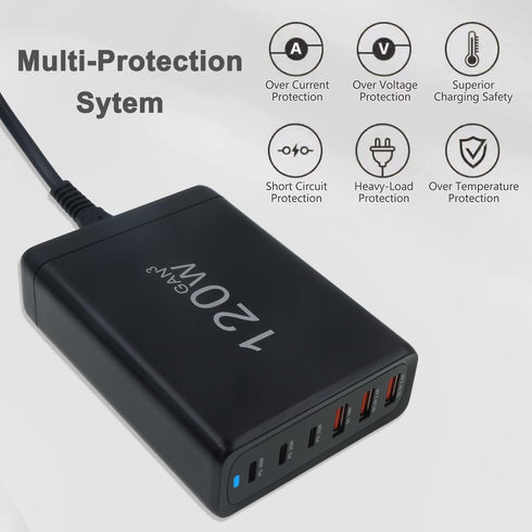 120W Fast 6 Ports Desktop Charging Station,USB C Charging Hub for Multiple Devices, Travel USB Charger Block for iPhone 15 Pro Max 14 Pro Max 13 P...