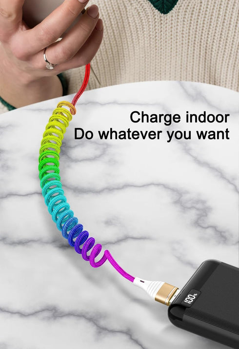 Coiled Colourful Nylon Braided Cord Lightning Cable,2Pack Rainbow Spring Retractable Lightning Cable, USB Fast Charging Cord for Car,Compatible wi...
