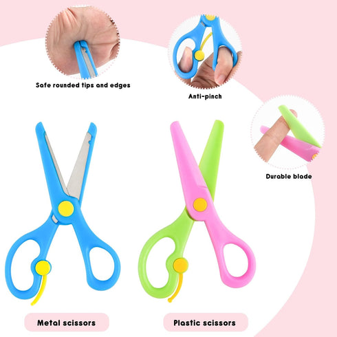 ASTARON 2 Kids Safety Scissors with 100 Pcs Paper Cutting For Paper Craft Supplies, Kids Preschool Training Scissors, Art Craft Plastic Scissors f...