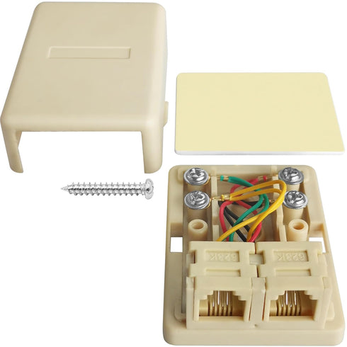 NECABLES Phone Jack Surface Mount Dual Port Telephone Jack Box 4 Screw Terminals to 2 RJ11 6P4C Female Ivory...