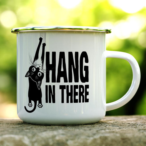 Hang in There Enamel Camping Coffee Mug, Funny Inspirational Motivationl Cat Gift Cup for Friend Coworker Women Men (12oz)...