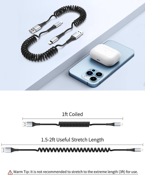 Coiled Lightning Cable, 2 Pack Coiled iPhone Charger Cable for Car Short Retractable iPhone Lightning Cable Compatible with Apple CarPlay iPhone 1...