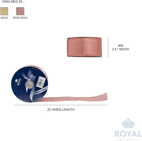 Royal Imports Metallic Christmas Ribbon Wired, Rose Gold, 2.5"(#40) Holiday Design for Bow Making, Gift Wrapping, Wreaths, 25 Yd Roll (75 FT Spool...