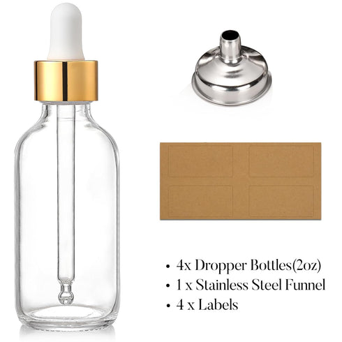 AOZITA Set of 4, 2 oz Golden Cap Clear Dropper Bottles (60ml) with 1 Funnel & 4 Labels - Glass Tincture Bottles for Essential Oils with Eye Droppe...