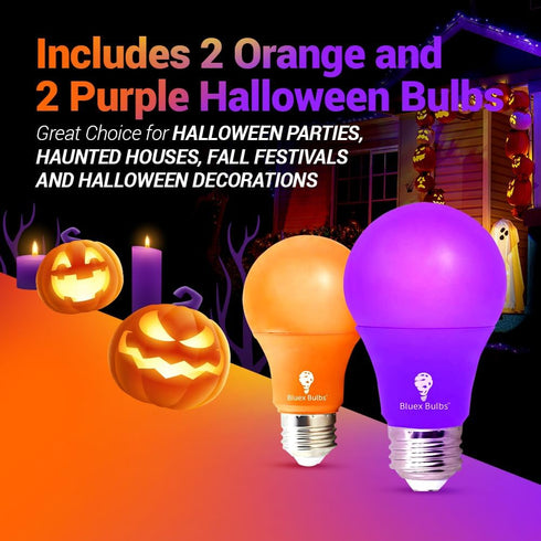 4 Pack A19 LED Purple Light Bulb LED Orange Light Bulb 120V E26 Base 9 Watt (60-watt Replacement) Purple Bulb Orange Bulb, Party Decoration, Porch...
