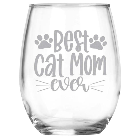 Best Cat Mom Ever Engraved Stemless Wine Glass • Cat Owner Gifts for Women • Unique Novelty Gift for Birthday, Christmas, Mother's Day, Grandma, M...